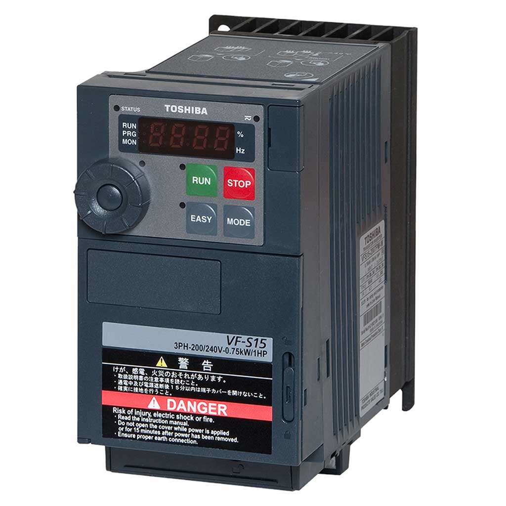 Toshiba S15 Microdrive VFD three-quarter view showing compact drive enclosure and control keypad