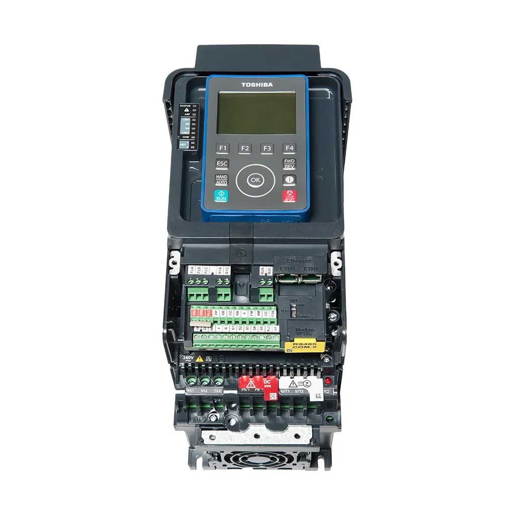 Toshiba AS3 VFD open front view showing control terminals and Ethernet ports