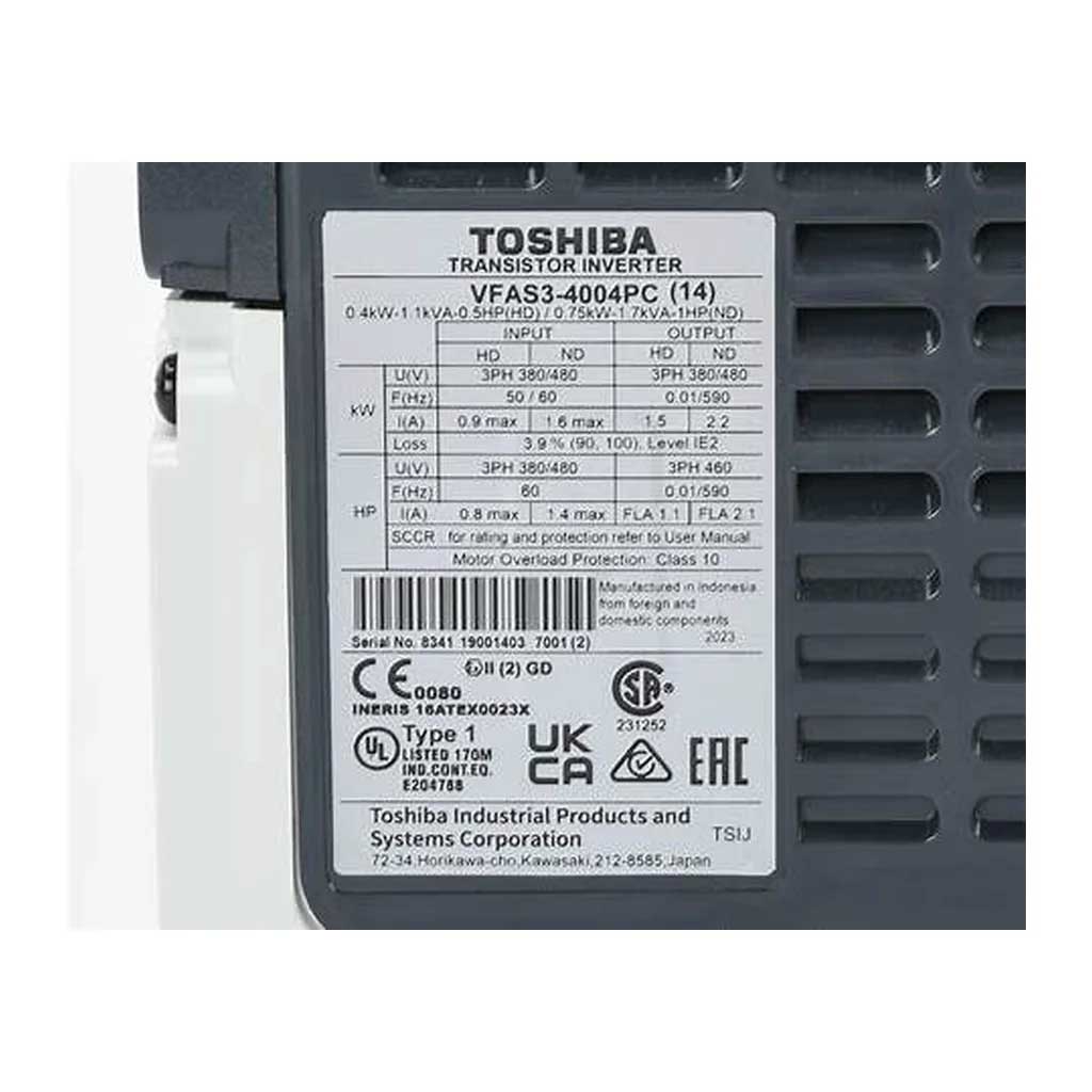 Toshiba VFAS3-4004PC AS3 VFD product nameplate and electrical ratings